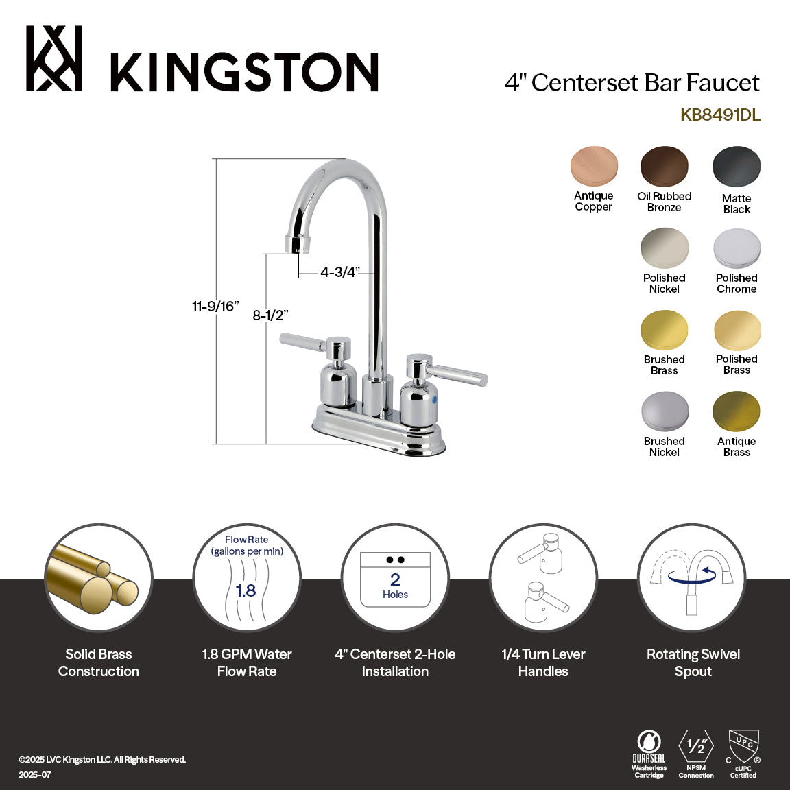 Kingston Tulare KB8493DL - Concord Two-Handle 2-Hole Deck Mount Bar Faucet, Antique Brass — thumbnail 3